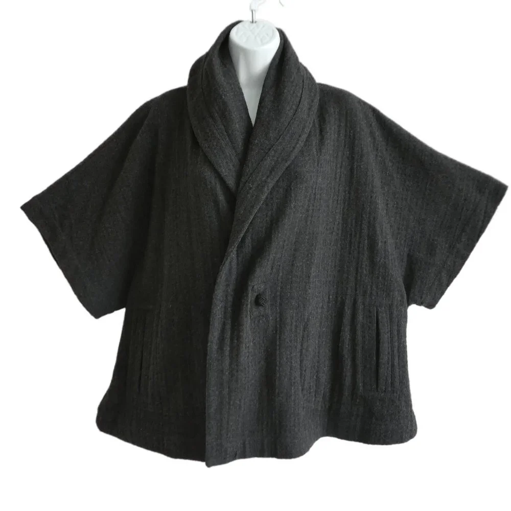 ANGoRa WooL Eileen Fisher Lagenlook Kimono Sleeve Cape Jacket Charcoal M